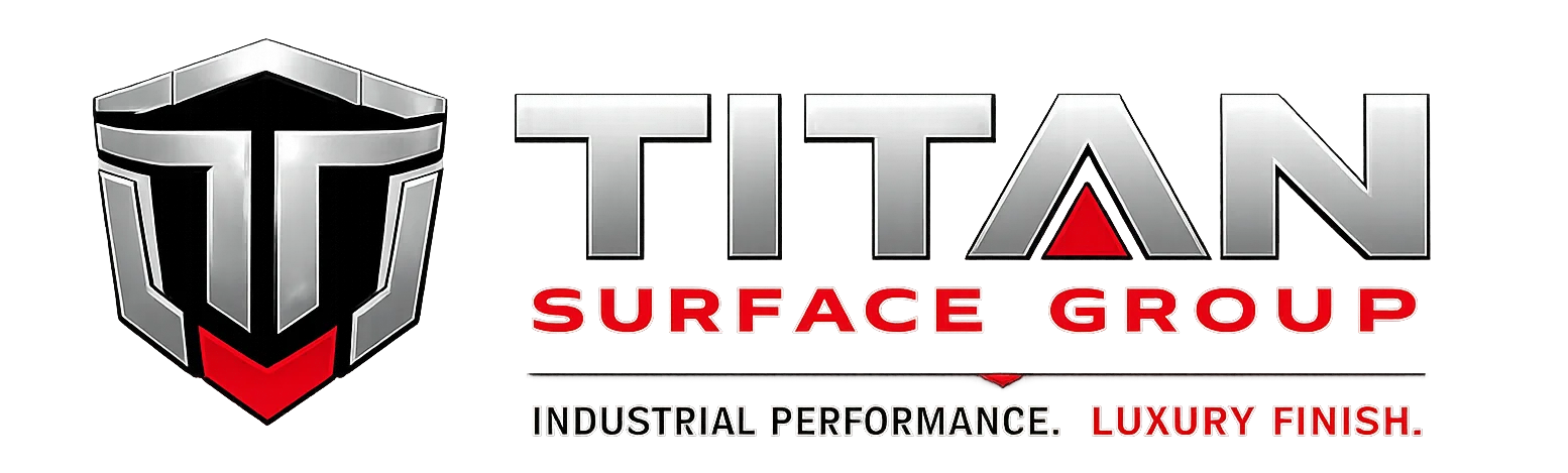 Titan Surface Group logo with shield emblem, tagline for industrial performance and luxury finish